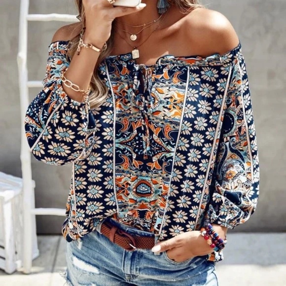 Boho Floral Print Off Shoulder Blouse - Picture 13 of 13